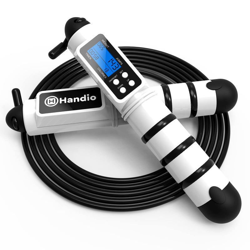 H HANDIO حبل قفز، حبل قفز H Handio مع عداد، حبل قفز للتمارين مع كرات تحمل فولاذية، حبل قفز قابل للتعديل للطول للرجال والنساء والأطفال في المنزل، كروس فيت، تمارين اللياقة البدنية (أبيض) - Image 1
